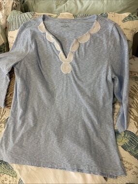 Talbots Light Blue & White Striped Embroidered V‑Neck Tunic